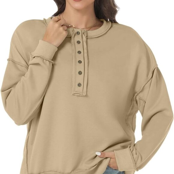 Khaki oversized women's 2024 sweatshirt with V-neck, Henley, tunic, long sleeves - Picture 2 of 6